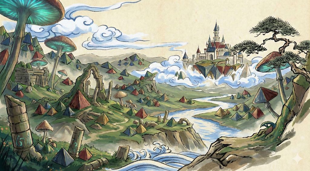 ZendoBench — a fantasy landscape representing the world of AI scientific reasoning